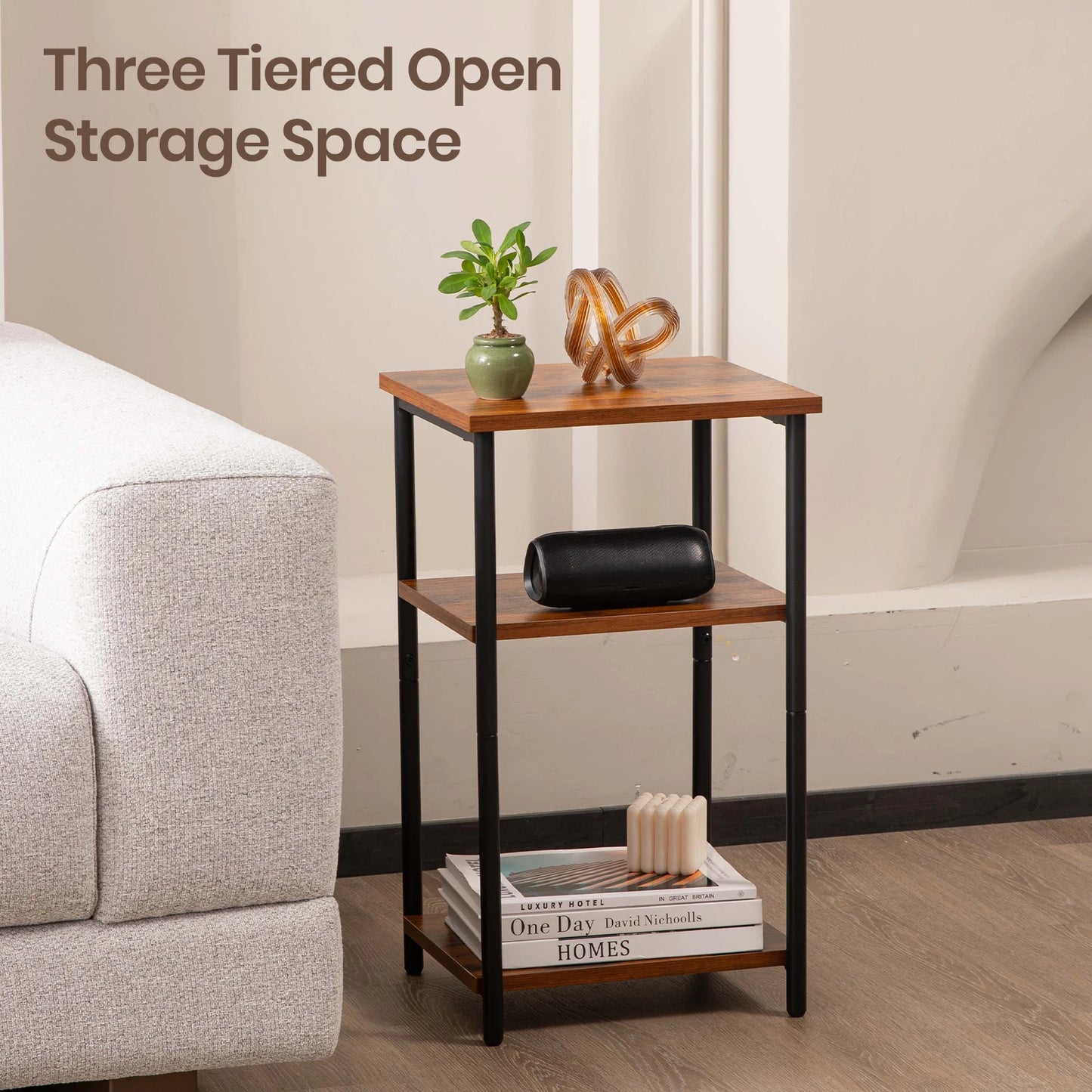 JHK End Table Three-Tier Steel Frame with Adjustable Feet Space-Saving