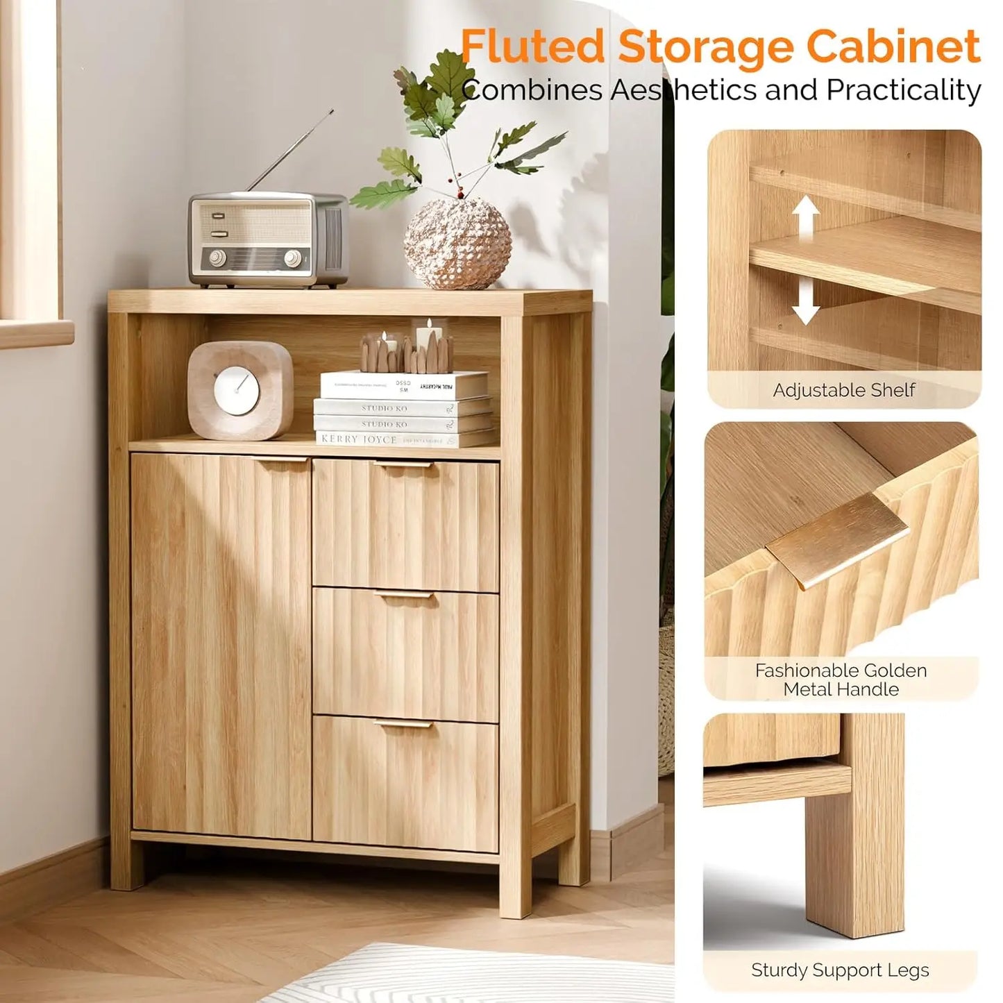 Bathroom Storage Cabinet With Fluted Doors And Drawers Engineered Wood