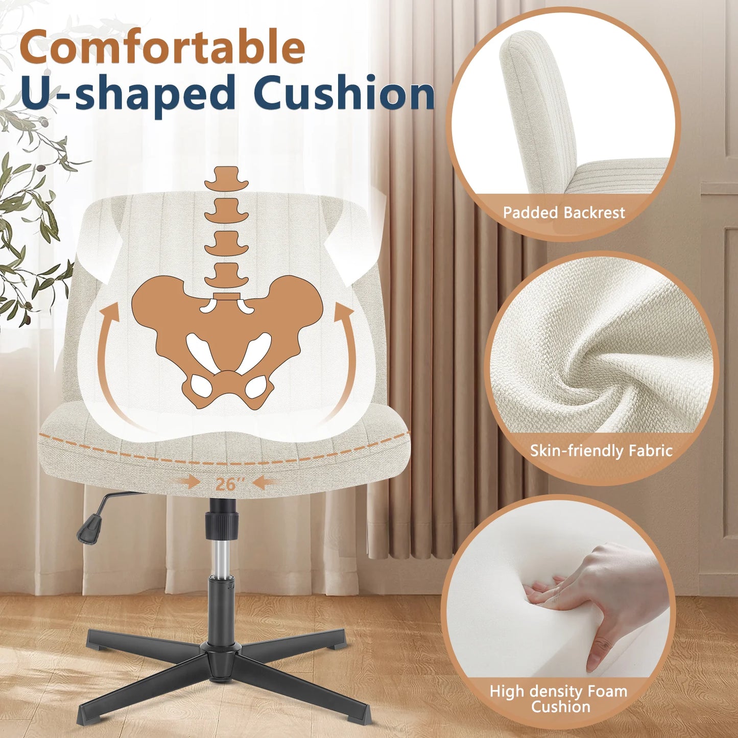 JHK Armless Rocking Office Chair With Fabric Upholstery