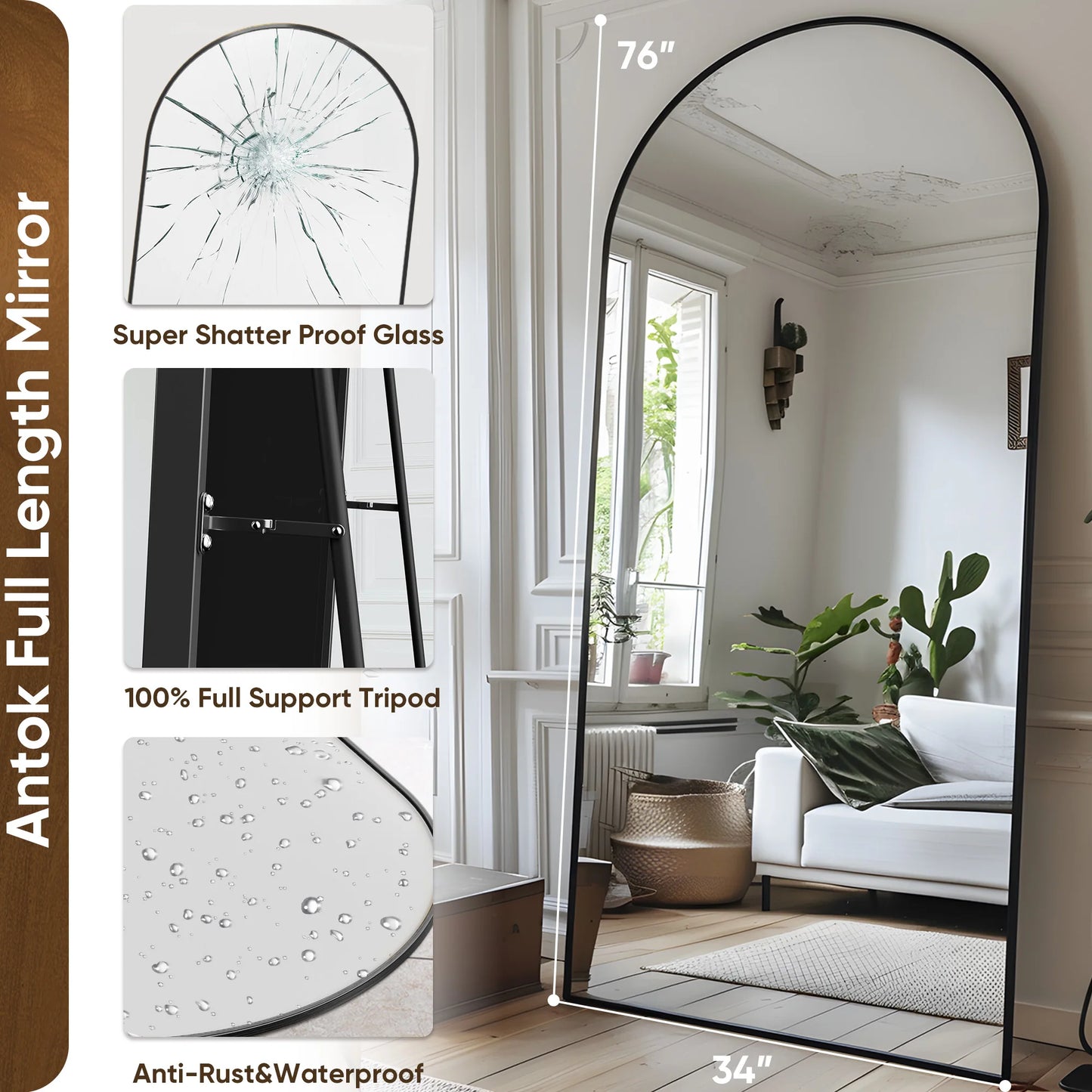 Antok Arch Floor Mirror Freestanding Full Length Glass