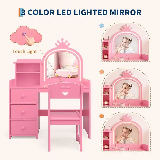 HiMISS Kids Vanity With Lights Desk Set For Girls Playroom