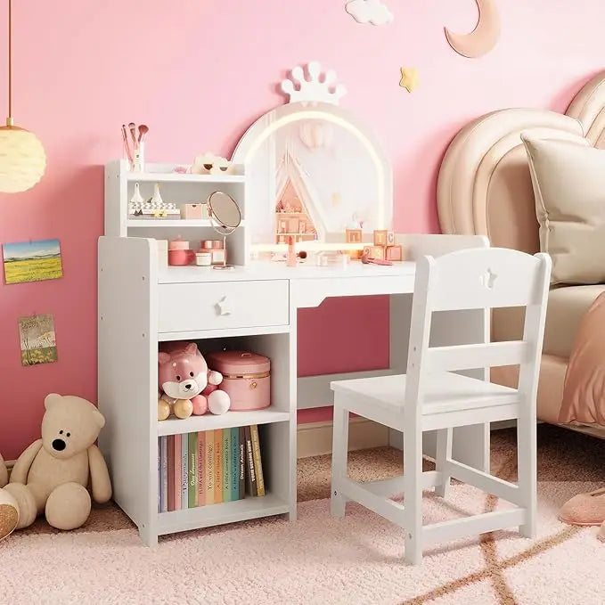 HiMISS Kids Vanity With Lights Desk Set For Girls Playroom
