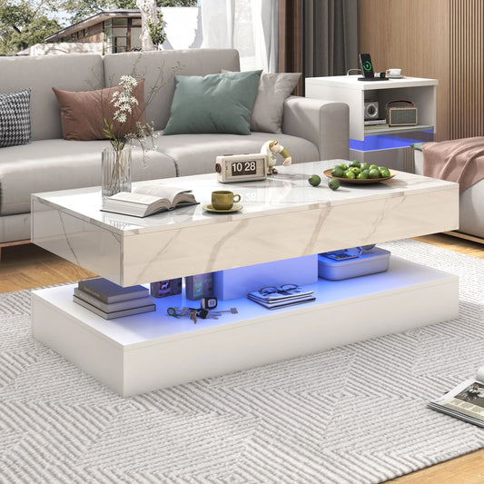 QiaoShiRen Coffee Table With LED Lights, Dual Storage Drawers