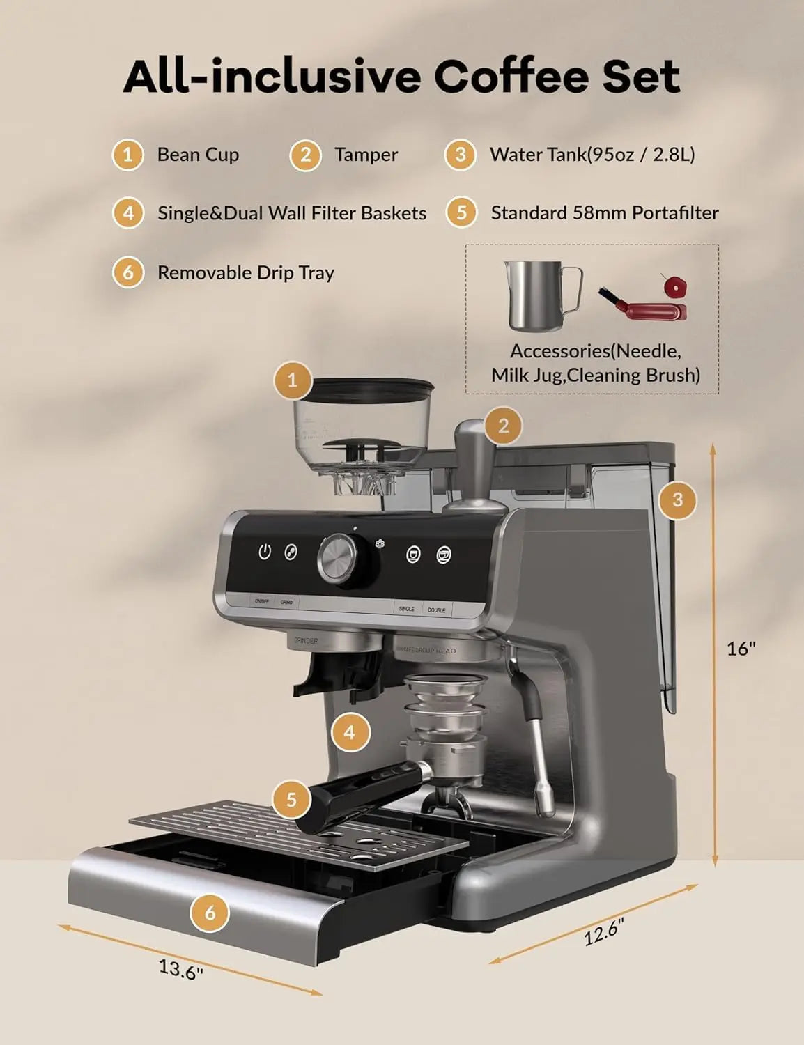 Acekool Espresso Machine With Grinder, 20 Bar Pressure
