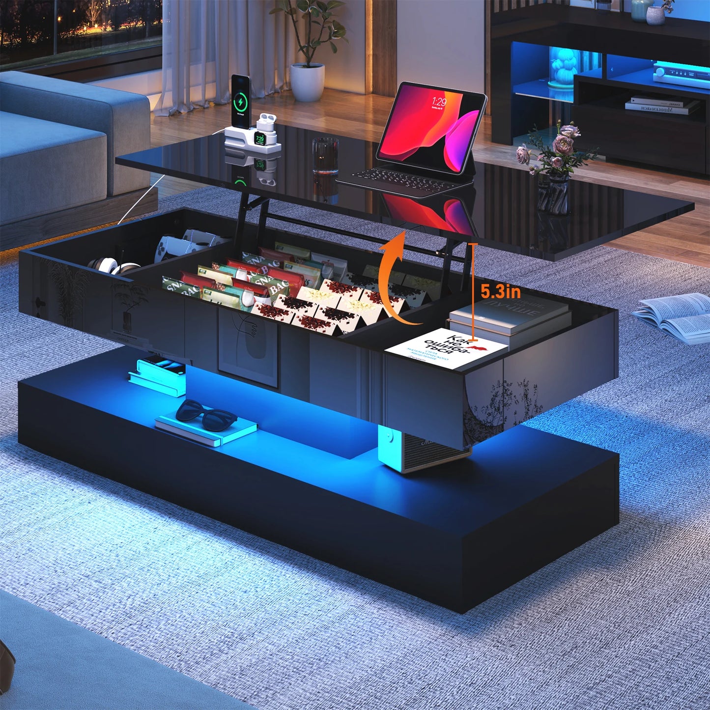 QiaoShiRen Coffee Table With LED Lighting And Open Shelf