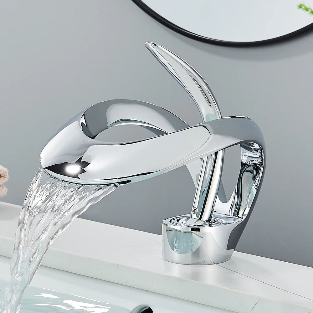 Rozin Basin Waterfall Brass Faucet, Deck Mount Hot Cold