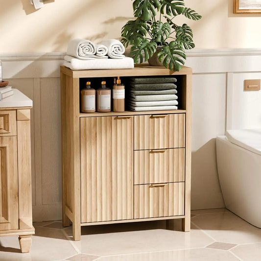 Bathroom Storage Cabinet With Fluted Doors And Drawers Engineered Wood