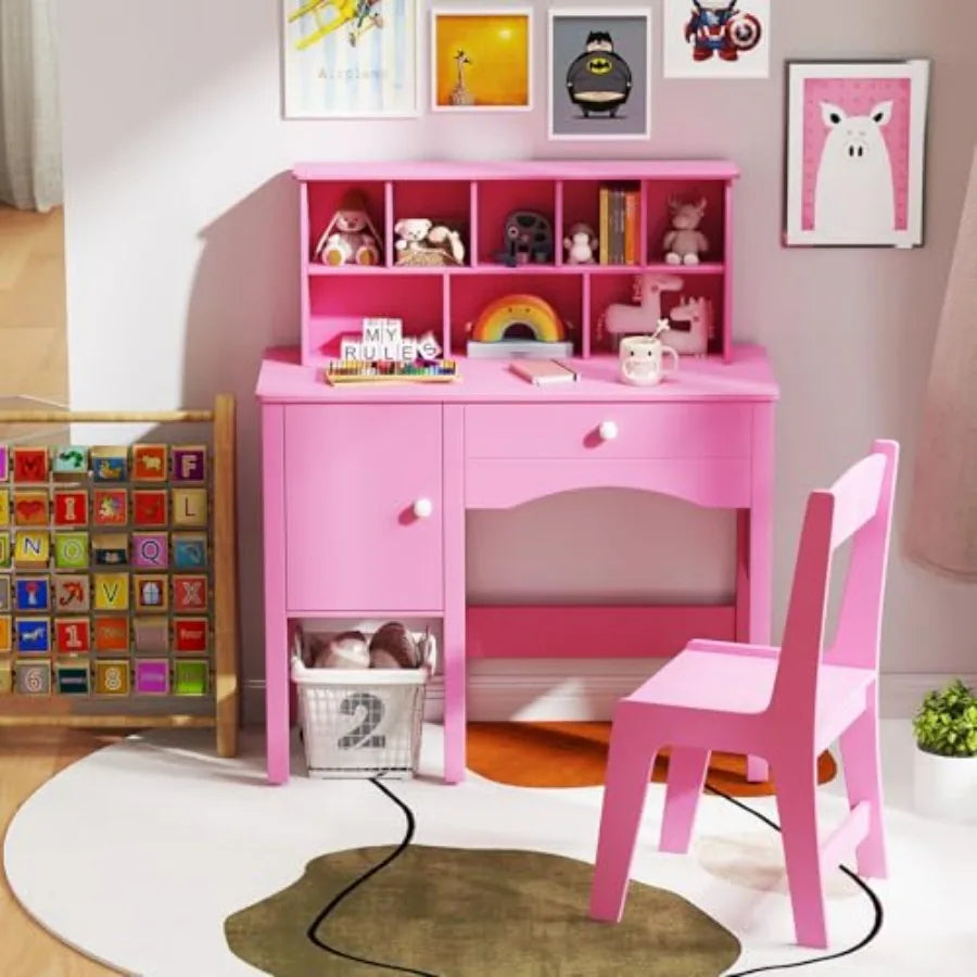 Desk and Chair Set With Drawer Hutch and Storage Shelves