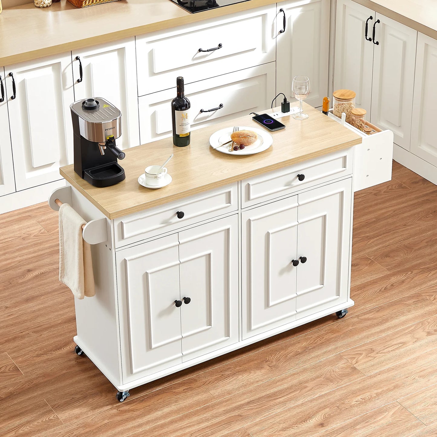 Mobile Kitchen Island With Power Outlet On Wheels Storage Cart