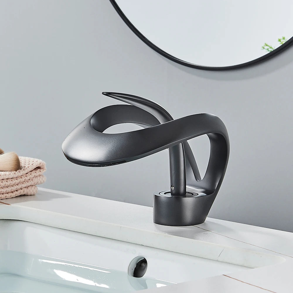 Rozin Basin Waterfall Brass Faucet, Deck Mount Hot Cold