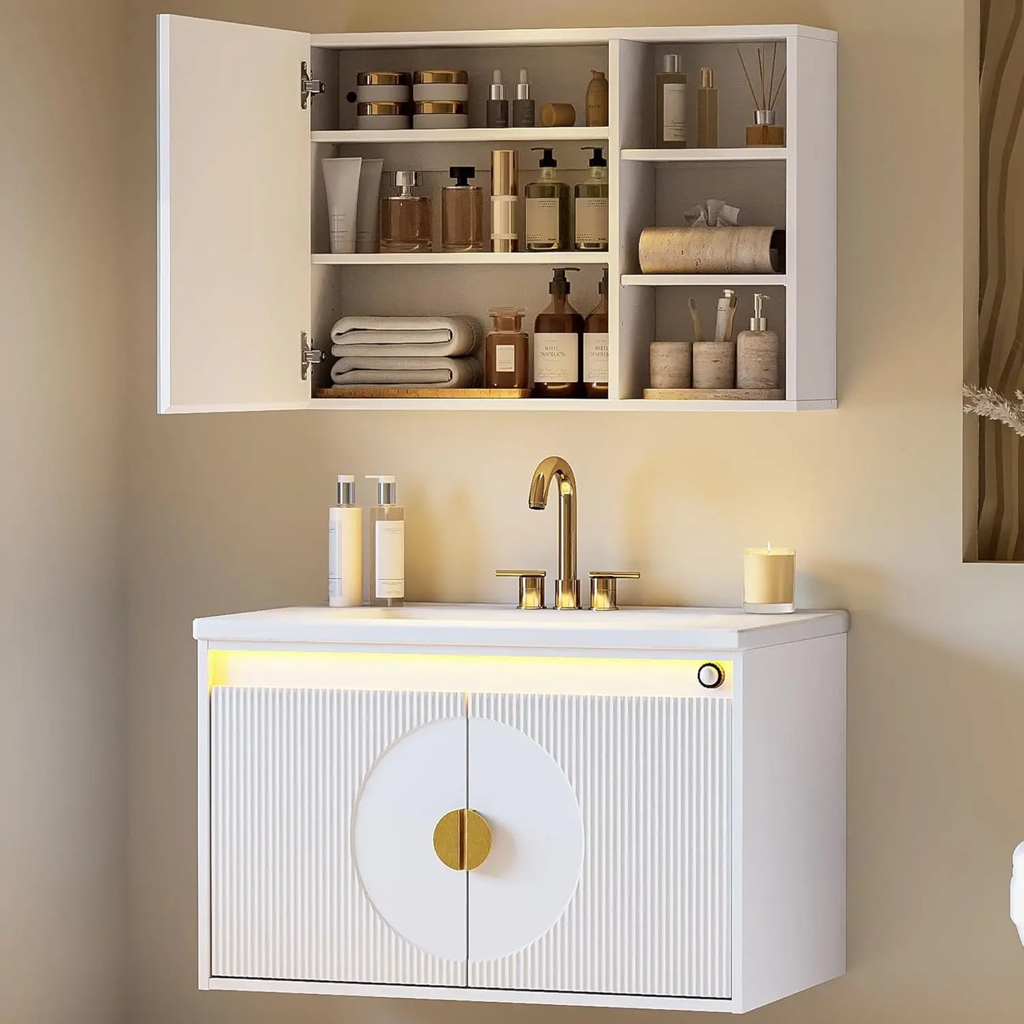 IRONCK Floating Vanity With Sink LED Mirror Cabinet