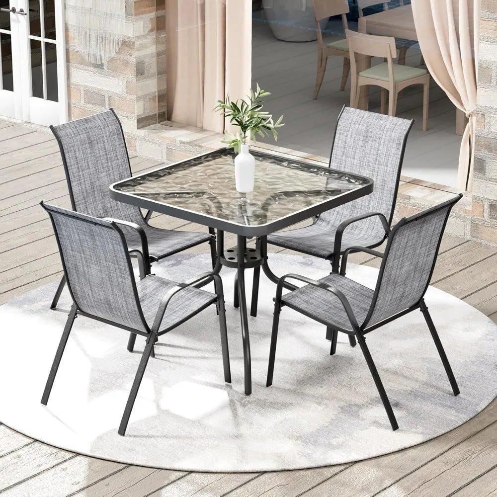 Outdoor Patio Dining Set Glass Table With 4 Textline Chairs