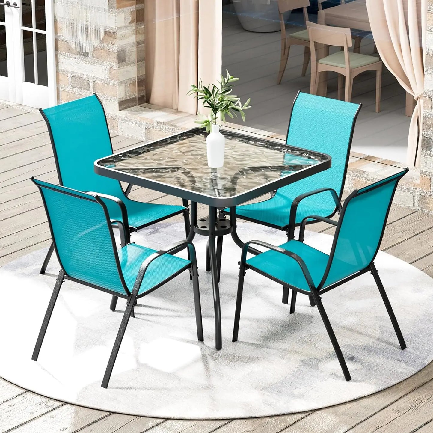 Outdoor Patio Dining Set Glass Table With 4 Textline Chairs