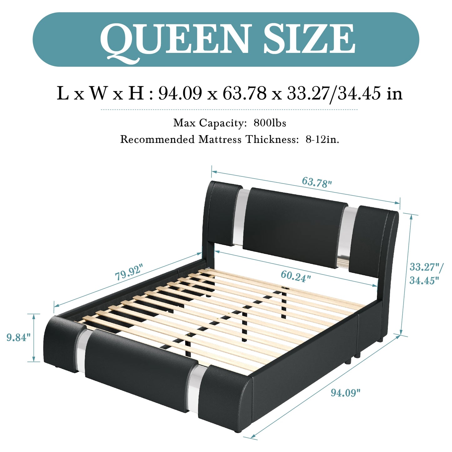 Hoomic Faux Leather Bed Frame With Iron Decor Low Profile