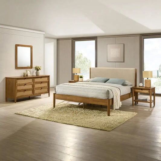 Bedroom Set Rubberwood Upholstered Queen Bed Dresser Mirror