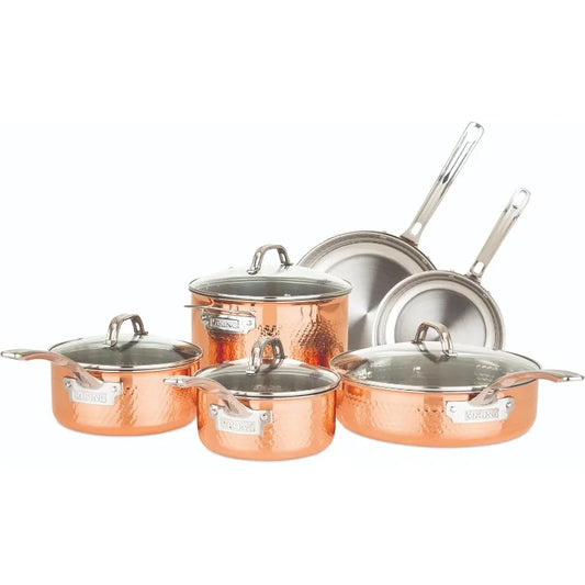 High-Concerned Pots And Pans Set, 3-Ply Hammered Copper Cookware