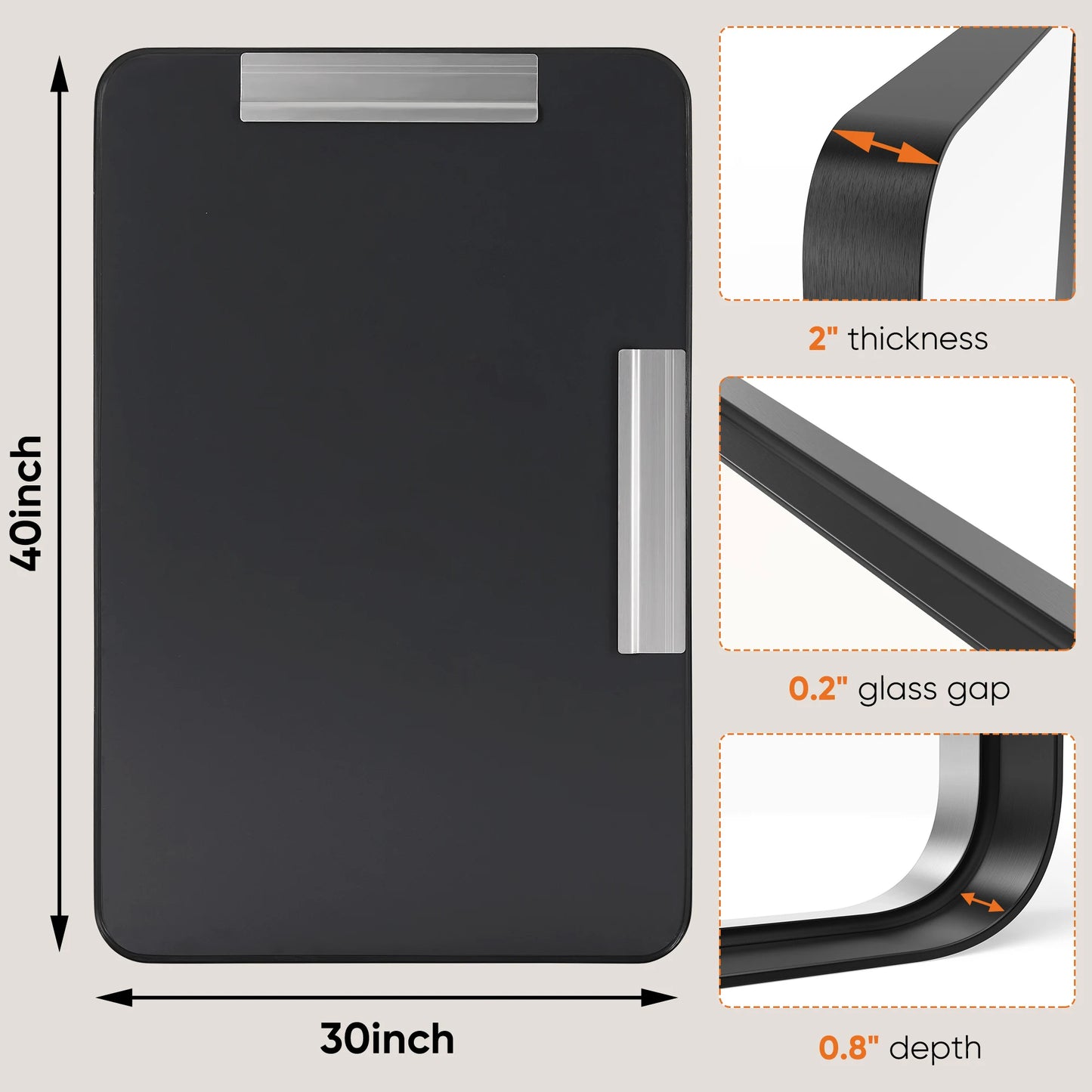 JHK Bathroom Mirror Matte Metal Framed, Rectangular, Clear Reflection