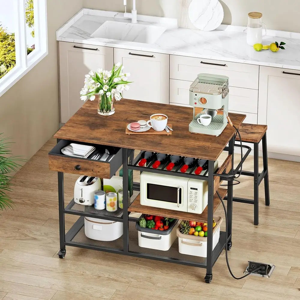 Kitchen Island With Power Outlet, Portable Rolling Cart