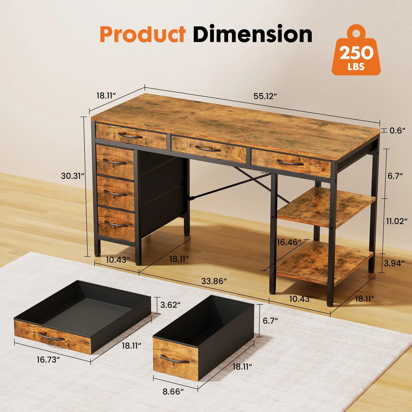 JHK Computer Desk With 6 Drawers And Storage Shelves