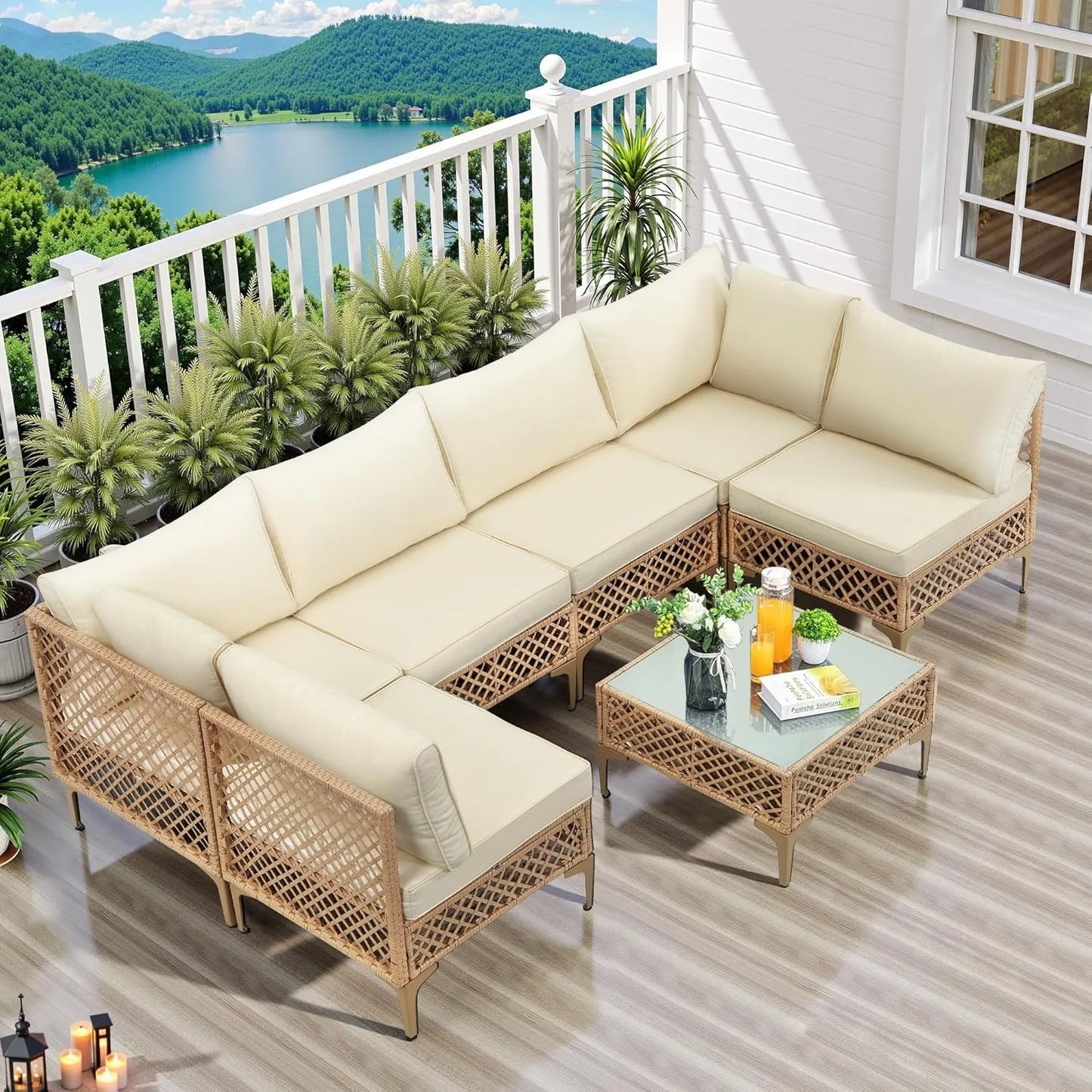 SEOGWISAM Outdoor Wicker Patio Set Cushioned Sofa Coffee Table
