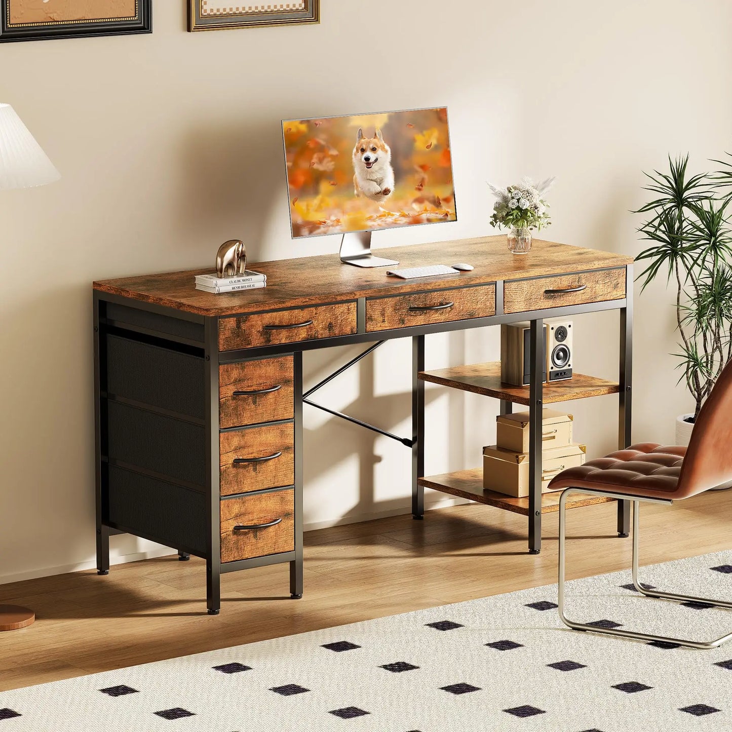 JHK Computer Desk With 6 Drawers And Storage Shelves