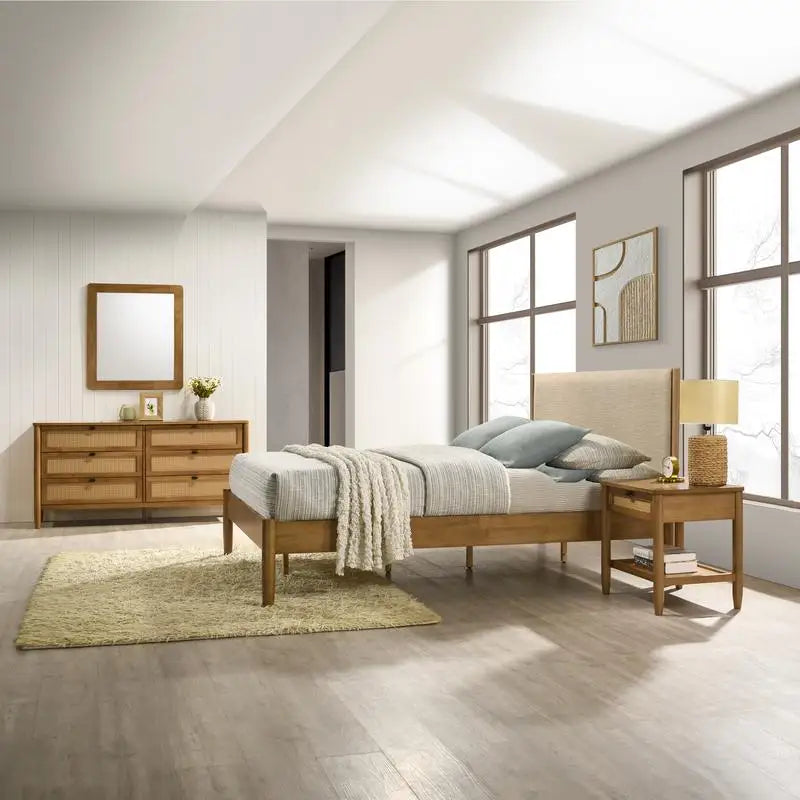 Bedroom Set Rubberwood Upholstered Queen Bed Dresser Mirror
