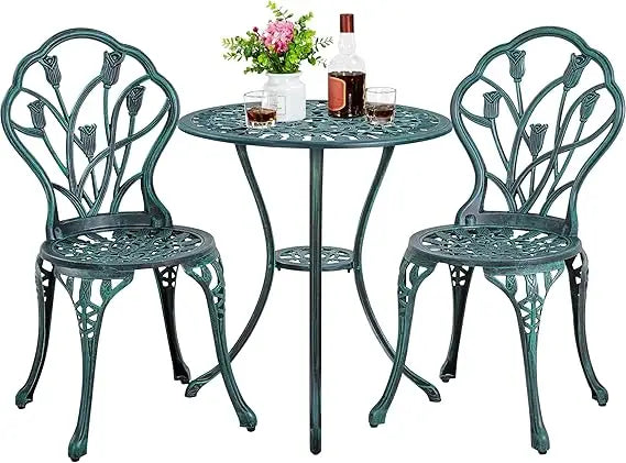 Patio Bistro Set Cast Aluminum Table And Chairs, 3-Piece