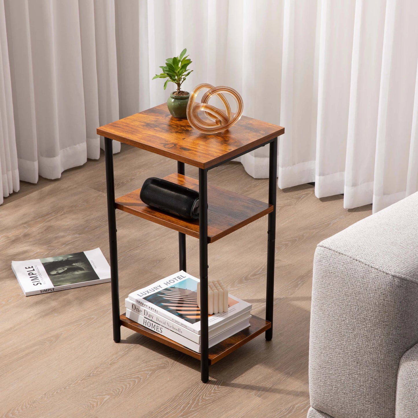 JHK End Table Three-Tier Steel Frame with Adjustable Feet Space-Saving