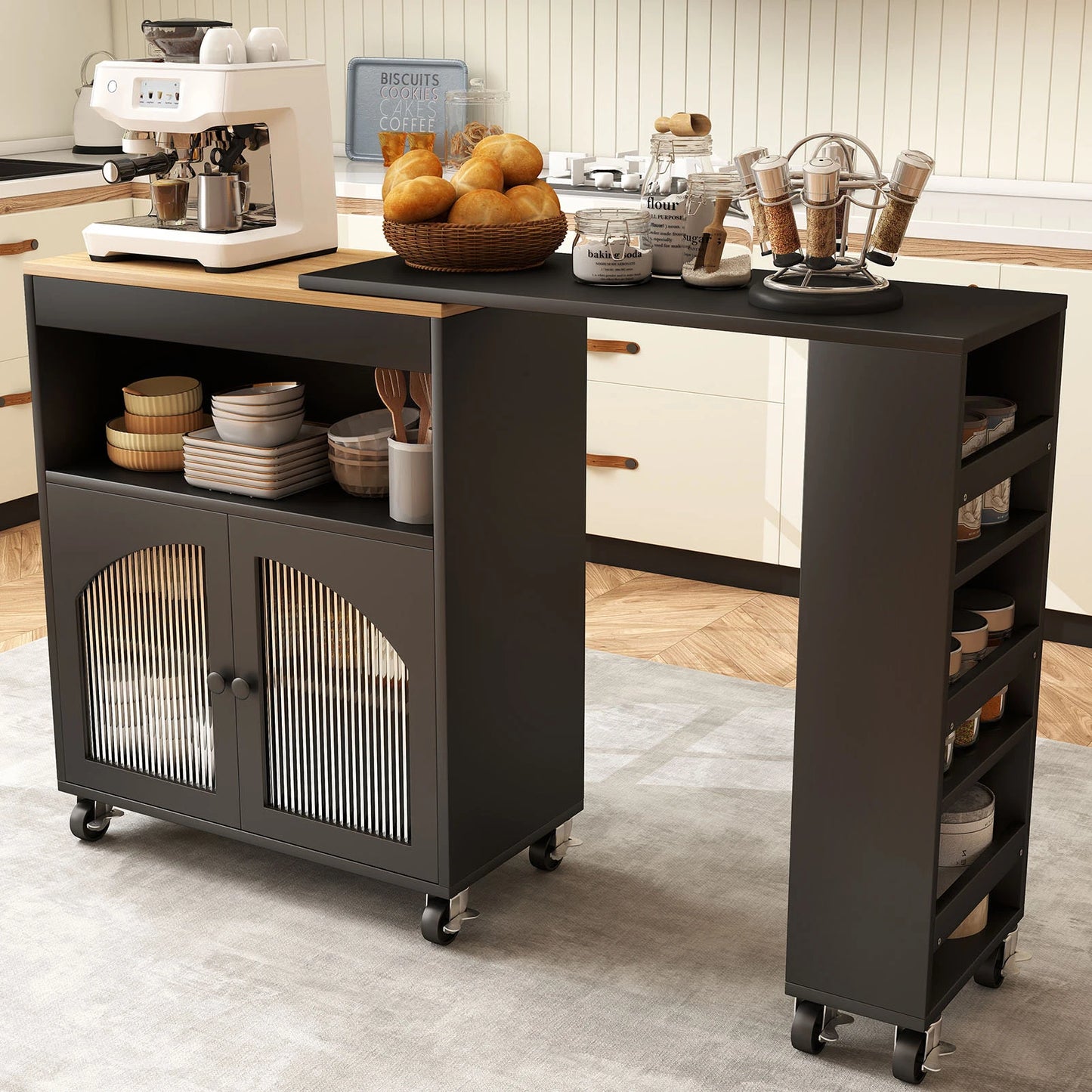 Kitchen Island On Wheels MDF Rolling Cart With LED Outlets