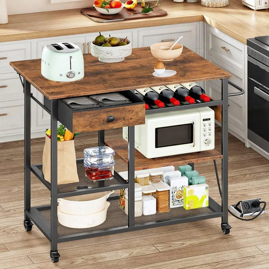 Kitchen Island With Power Outlet, Portable Rolling Cart