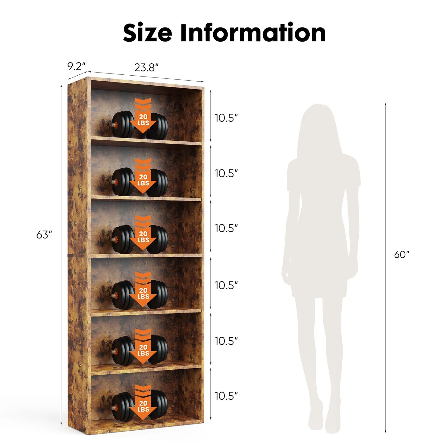 JHK 6-Tier Wooden Bookshelf Floor-Standing Open Bookcase