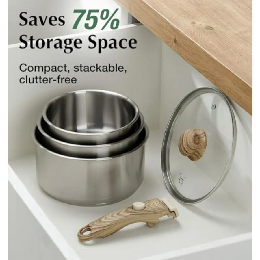 Saucepan Set Stainless Steel Tri Ply With Removable Handles