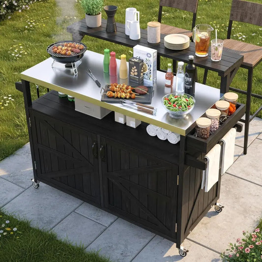 Outdoor Kitchen Island With Raised Shelf And Stainless Steel Top