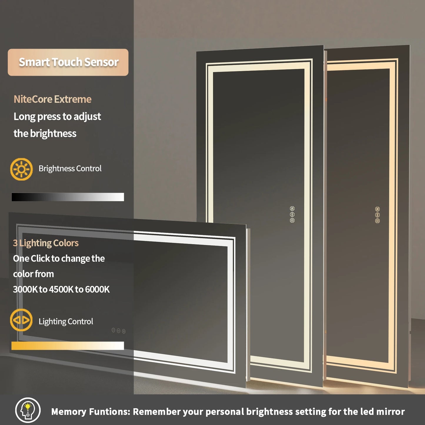 Bathroom Mirror LED Backlit Anti-Fog Wall Mounted Vanity