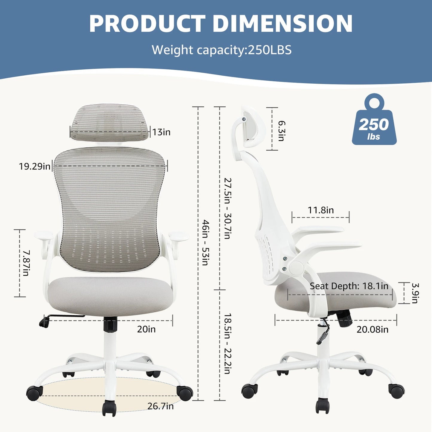 JHKErgonomics Mesh Ergonomic Office Chair with Flip-Up Arms