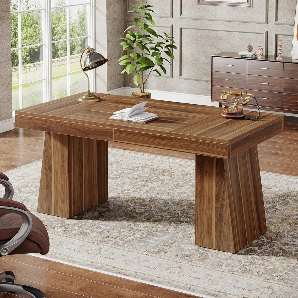 Desk Mid-Century Modern Executive Wood With Trapezoid Base