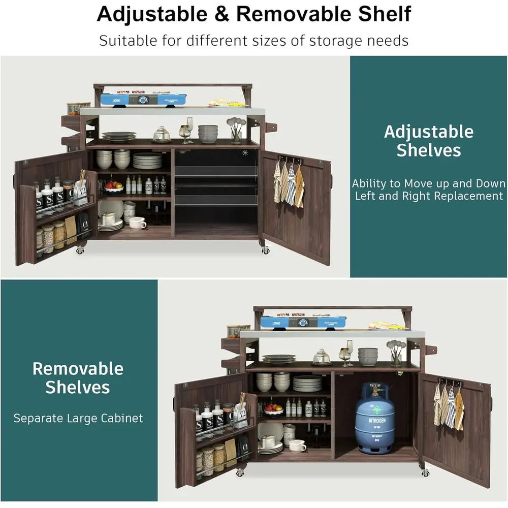 Outdoor Kitchen Island With Raised Shelf And Stainless Steel Top