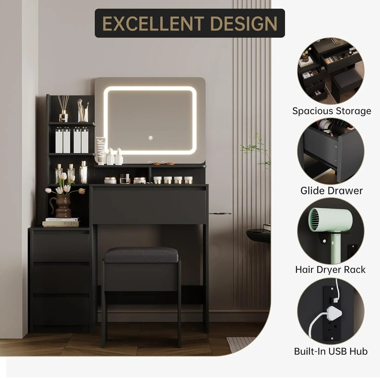 Vanity Desk Lighted Mirror With USB Ports For Bedroom