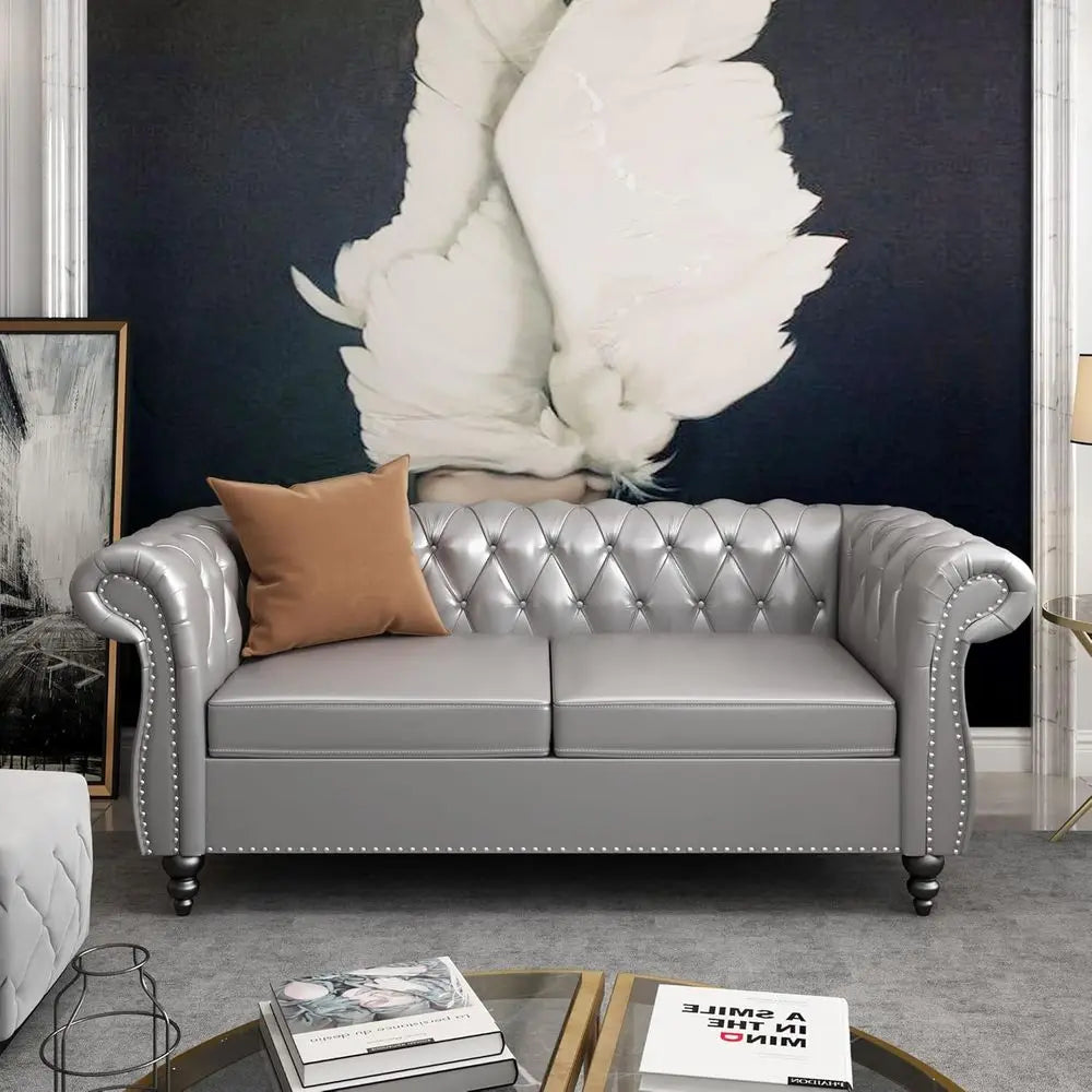 Living Room Set Leather Chesterfield Sofa With Nailhead Trim
