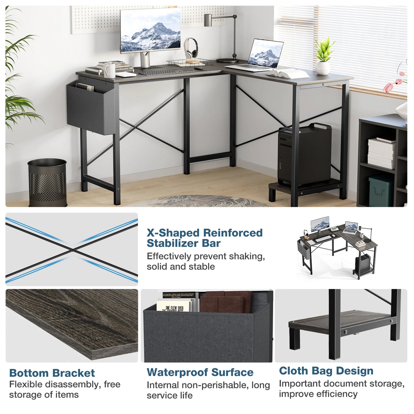 JHK Gaming Corner Desk L-Shaped With CPU Storage Shelf