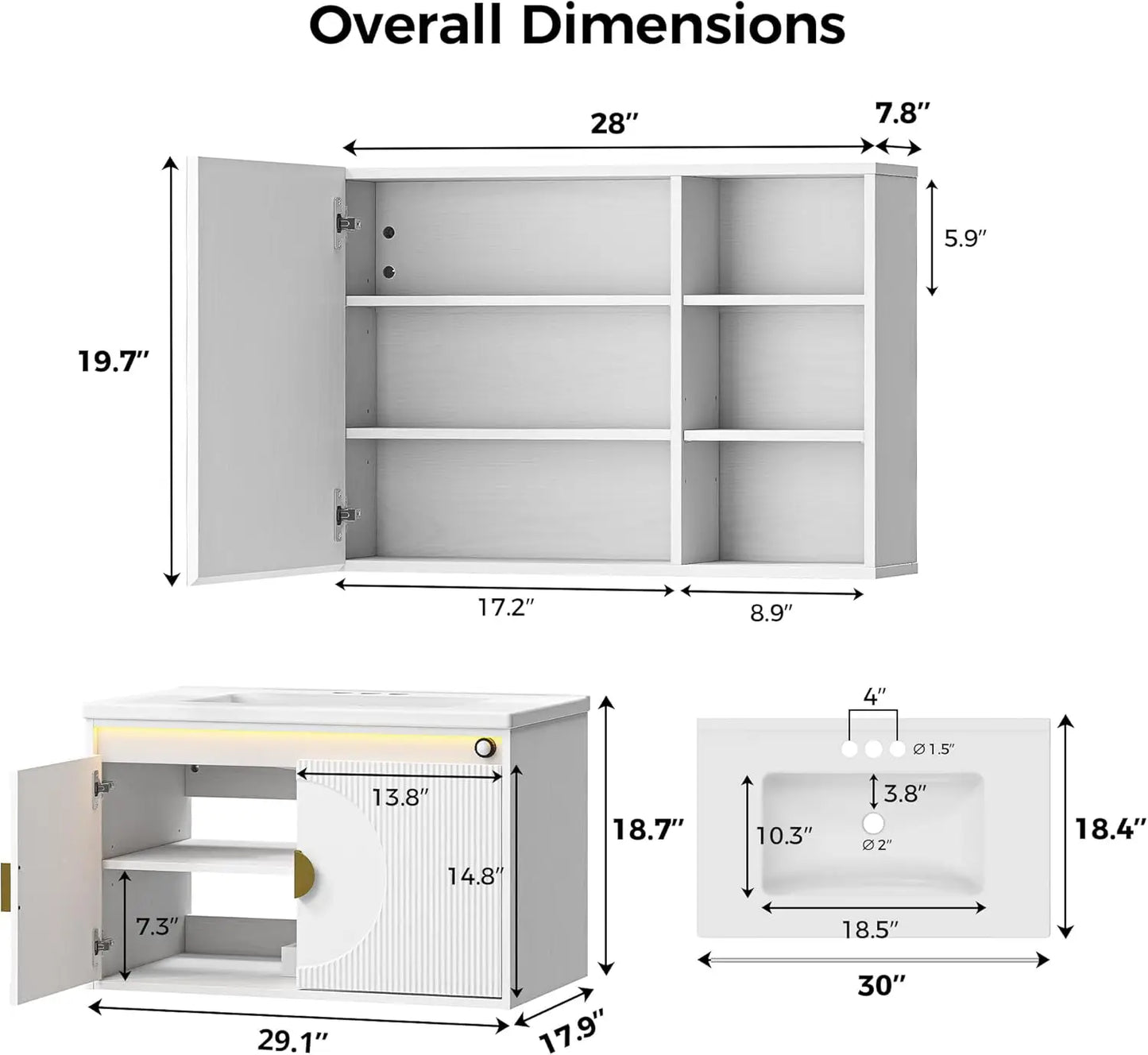 IRONCK Floating Vanity With Sink LED Mirror Cabinet