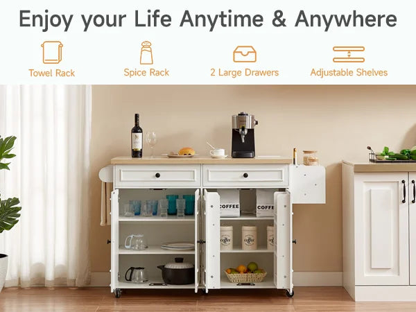 Mobile Kitchen Island With Power Outlet On Wheels Storage Cart