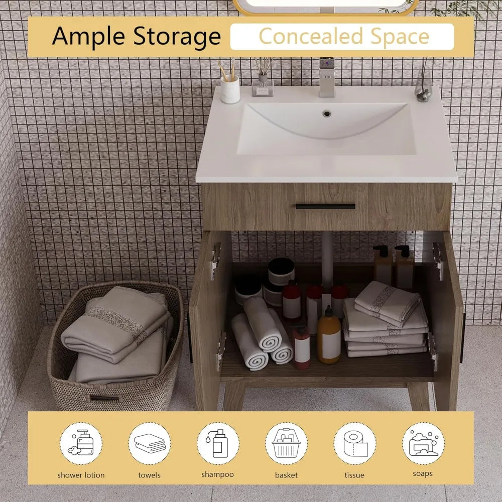 Bathroom Vanity With Sink, Modern Wood Cabinet, Two Soft-Close Doors