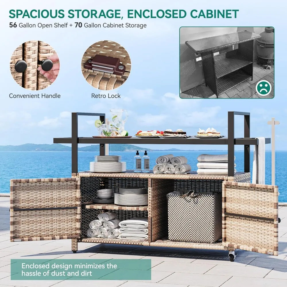 Outdoor Kitchen Wicker Island Rolling Cart With Glass Top
