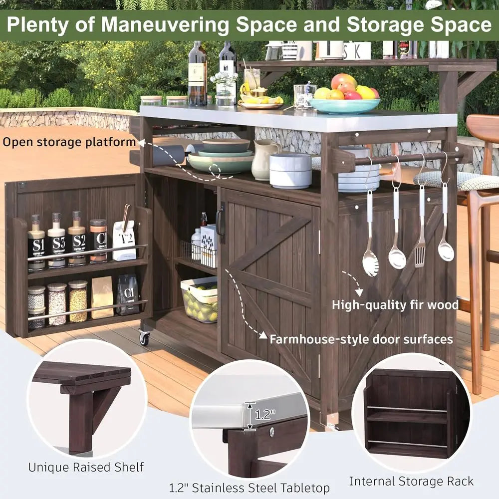 Outdoor Kitchen Island With Raised Shelf And Stainless Steel Top
