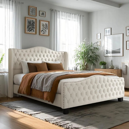 Platform Bed Frame With Camelback Headboard Upholstered