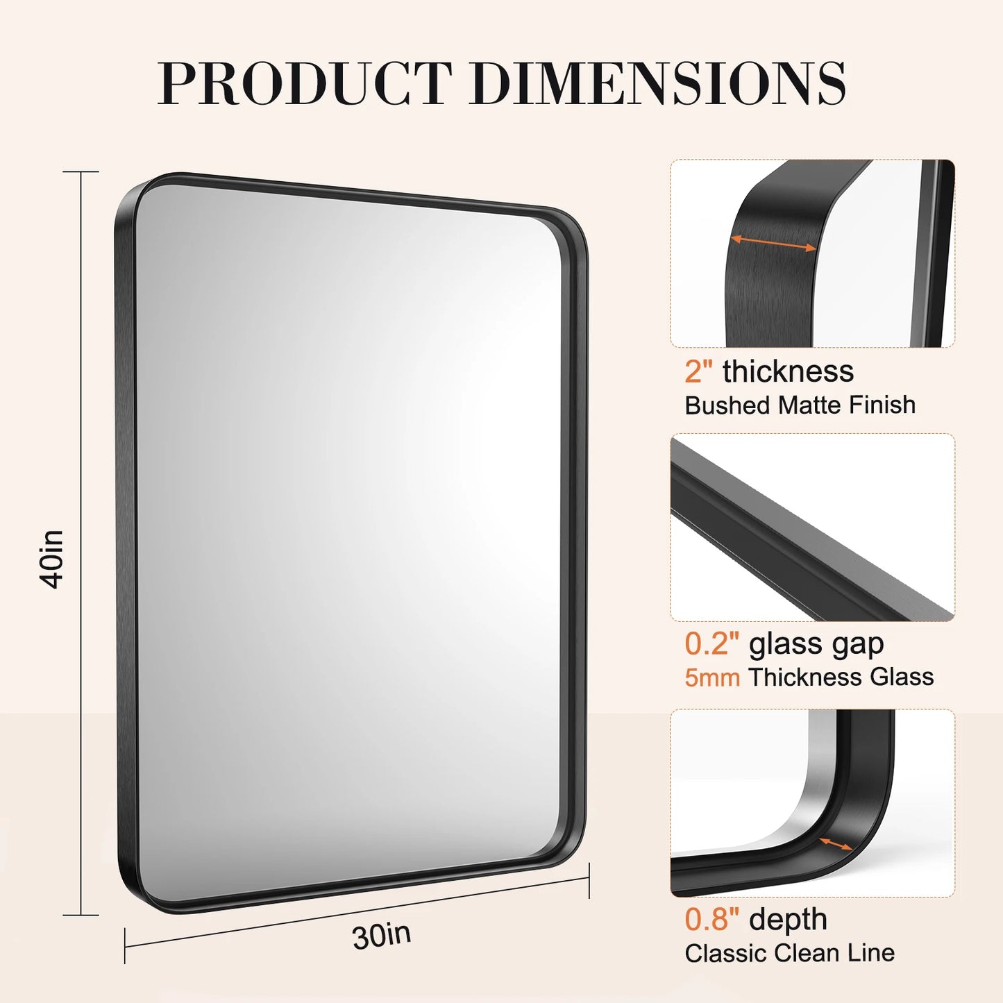 JHK Bathroom Mirror Matte Metal Framed, Rectangular, Clear Reflection