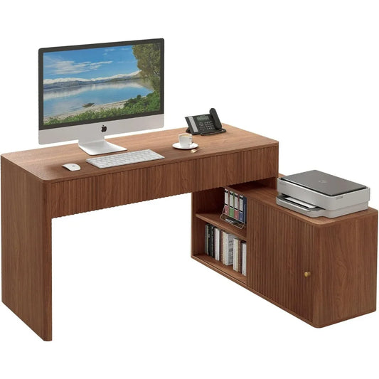Desk Walnut L-Shaped Computer Desk With Drawers, Home Office