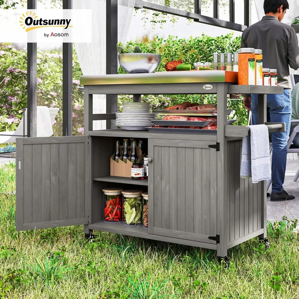 Outdoor Grill Cart With Stainless Steel Top And Storage