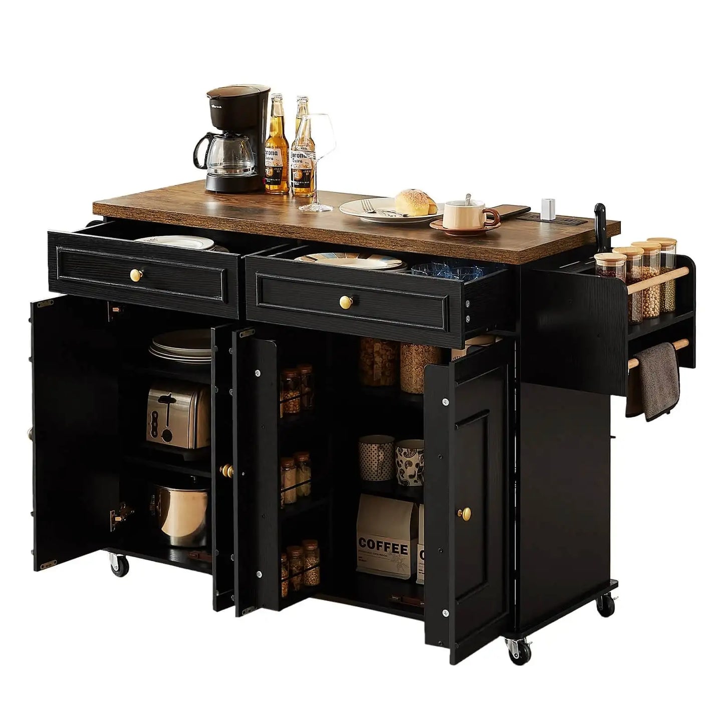 Mobile Kitchen Island With Power Outlet On Wheels Storage Cart